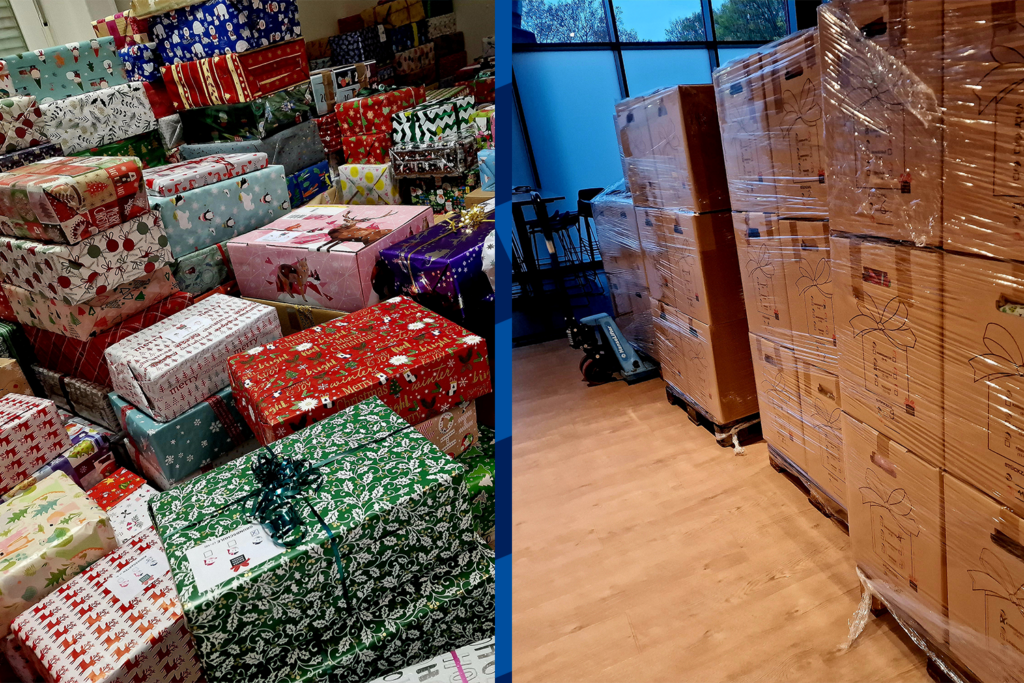 Foto-Collage aus Geschenken und Kartons, in denen die Geschenke verschickt werden