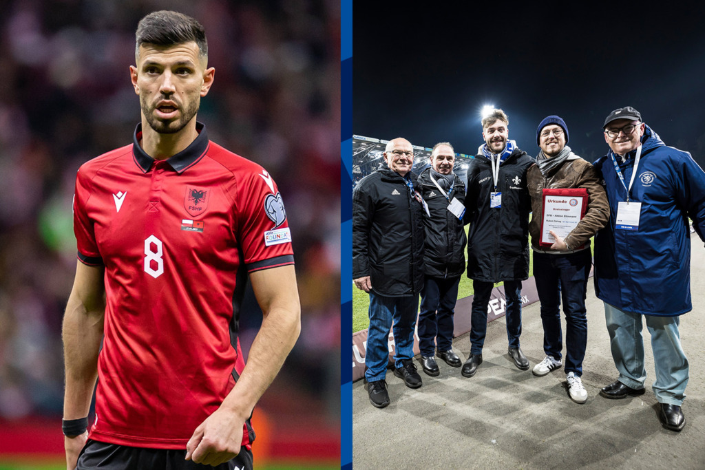 Foto-Collage von Klaus Gjasula und Robin DÖring bei seiner Ehrung durch den DFB