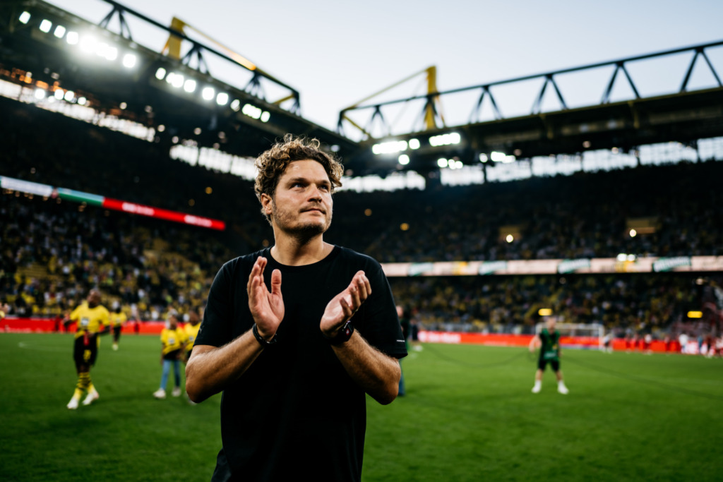 Head Coach Edin Terzic of Dortmund celebrates winning after the Bundesliga match between Borussia Dortmund and 1. FC Köln at Signal Iduna Park on August 19, 2023 in Dortmund, Germany.