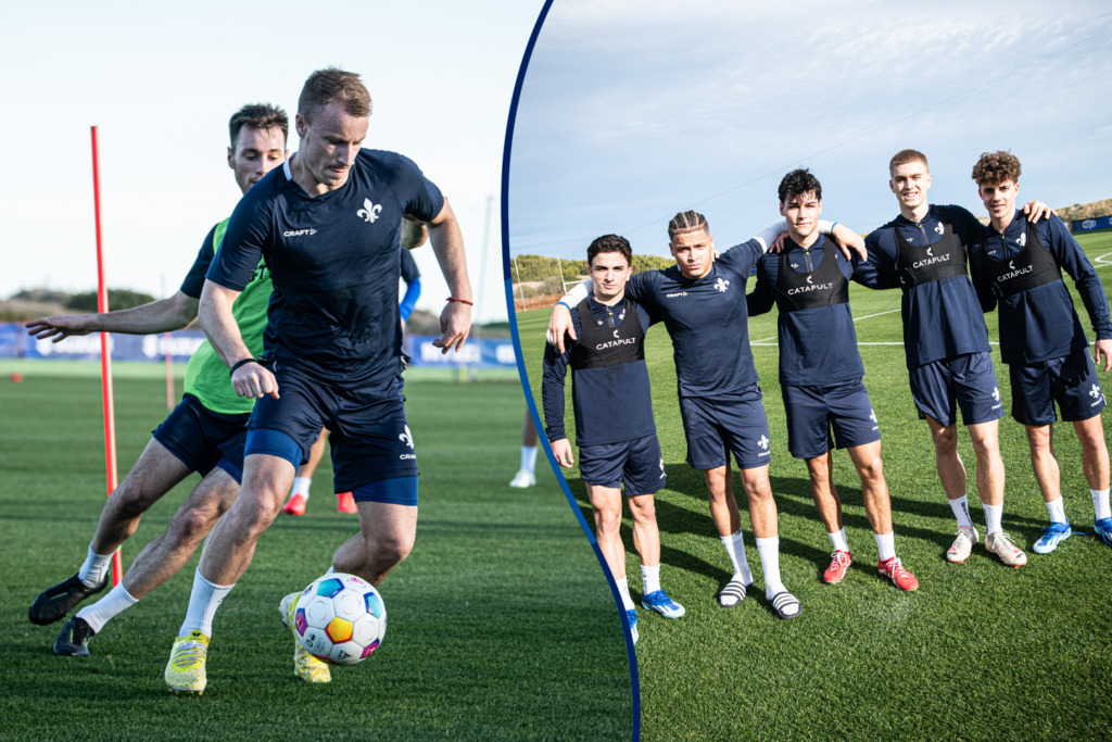 Foto-Collage: Szene von Fabian Holland im Trainingslager und Bild vom Junglilien-Quintett