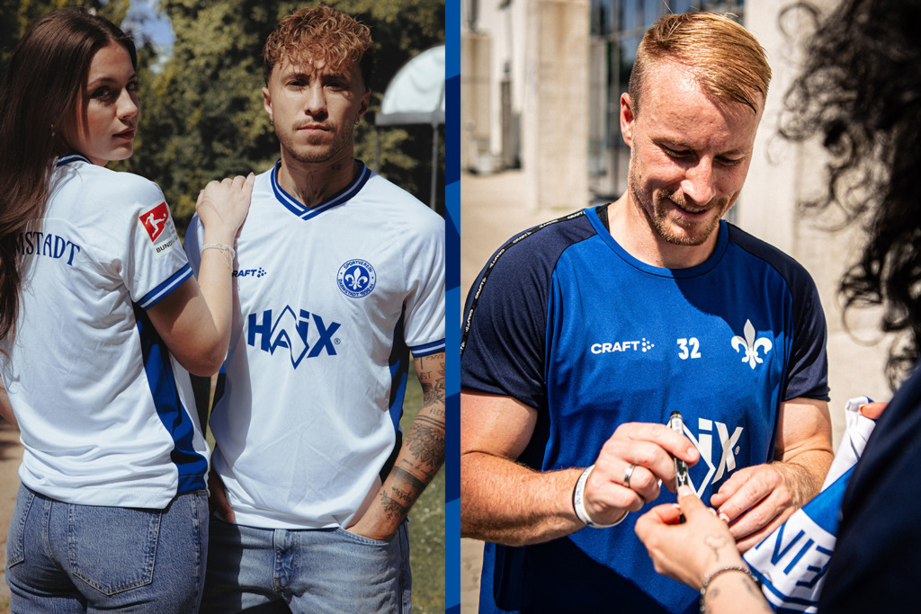 Das neue Auswärtstrikot des SV Darmstadt 98 sowie Fabian Holland, wie er Lilien-Fans Autogramme schreibt.