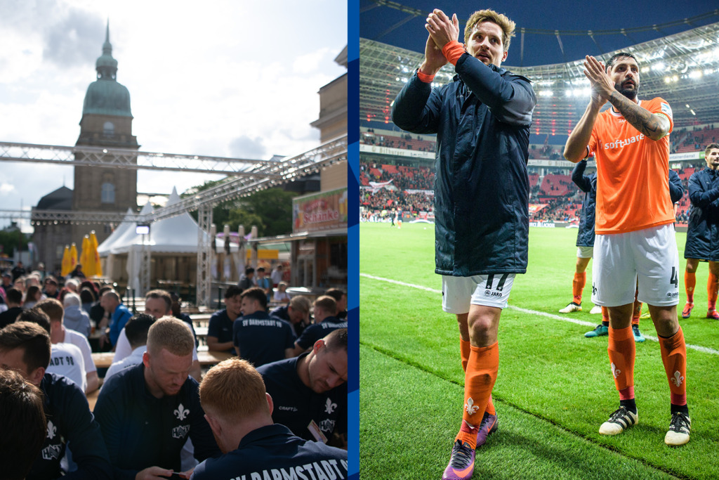 Auf dem Foto links ist die Mannschaft auf dem Heinerfest 2024 zu sehen. Rechts erkennt man die ehemaligen Lilien Sandro Sirigu und Aytac Sulu während sie zu den Fans applaudieren.