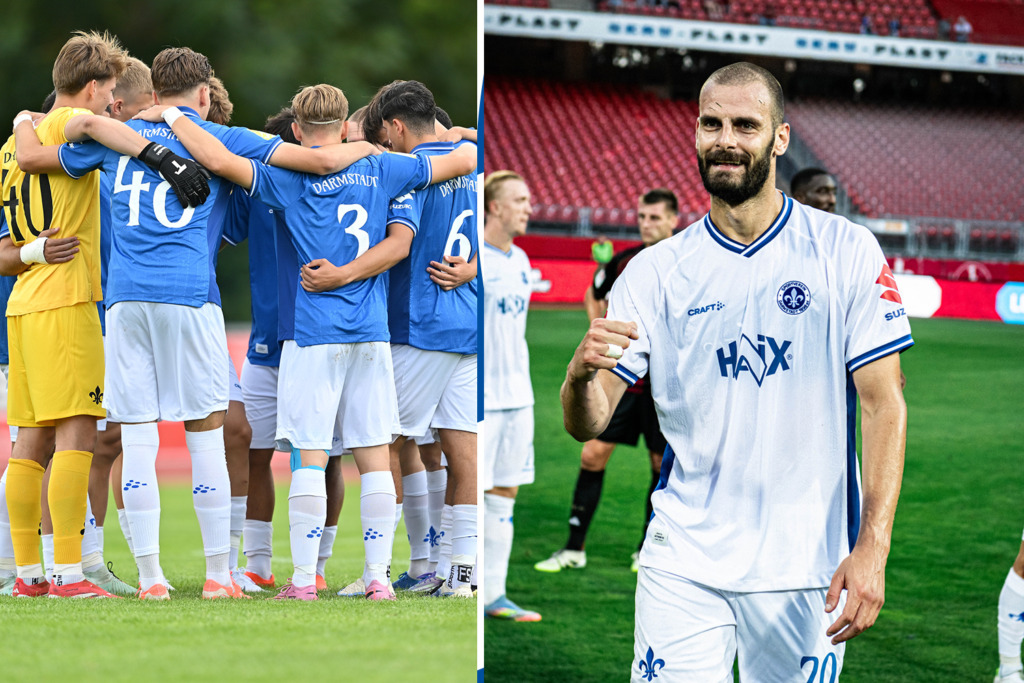 Grafik: Auf der linken Seite die U21 des SV Darmstadt 98 bei einem Mannschaftskrei; rechts Aleksandar Vukotic mit ballender Faust
