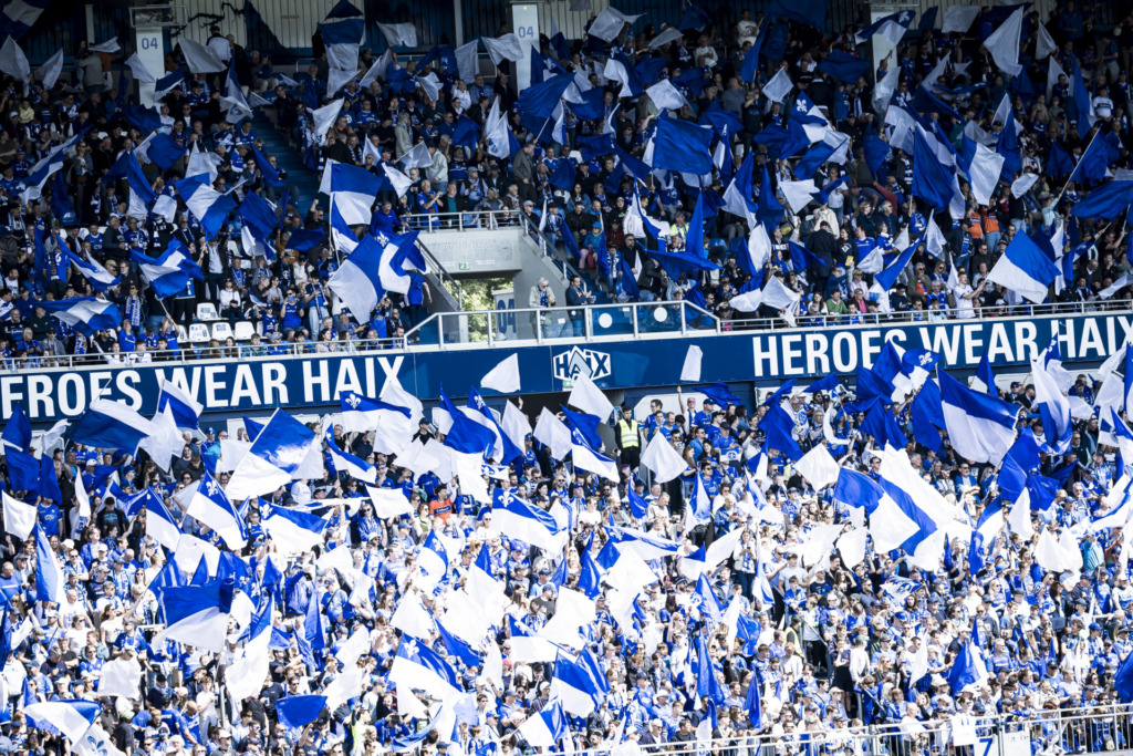 Die Fans des SV Darmstadt 98 schwenken auf der Tribüne blau-weiße Fahnen.