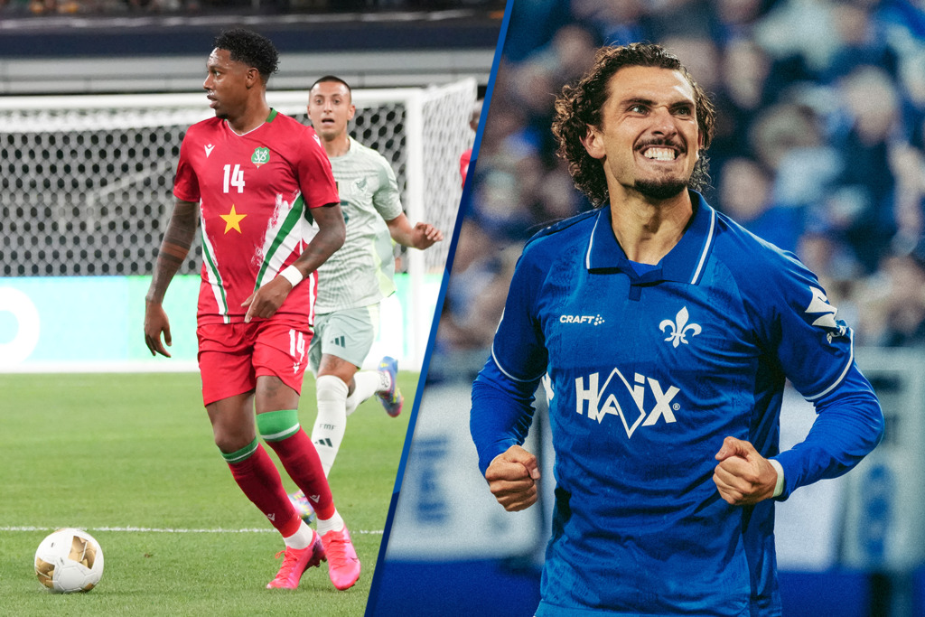 Jean-Paul Boetius im Trikot der Nationalmannschaft von Suriname, Fraser Hornby jubelt im Trikot des SV Darmstadt 98.