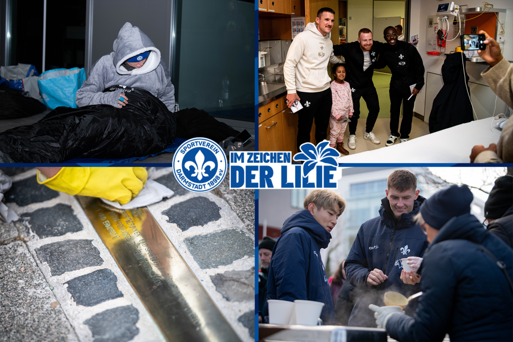 Oben Links: Person eingemurmelt im Schlafsack Oben rechts: Schuh, Will und Papela machen ein Foto mit einem Kranken kind Unten Links: Jemand reinigt Stolpersteine Unten Rechts: Bialek und Furukawa verteilen Suppe an bedürftige